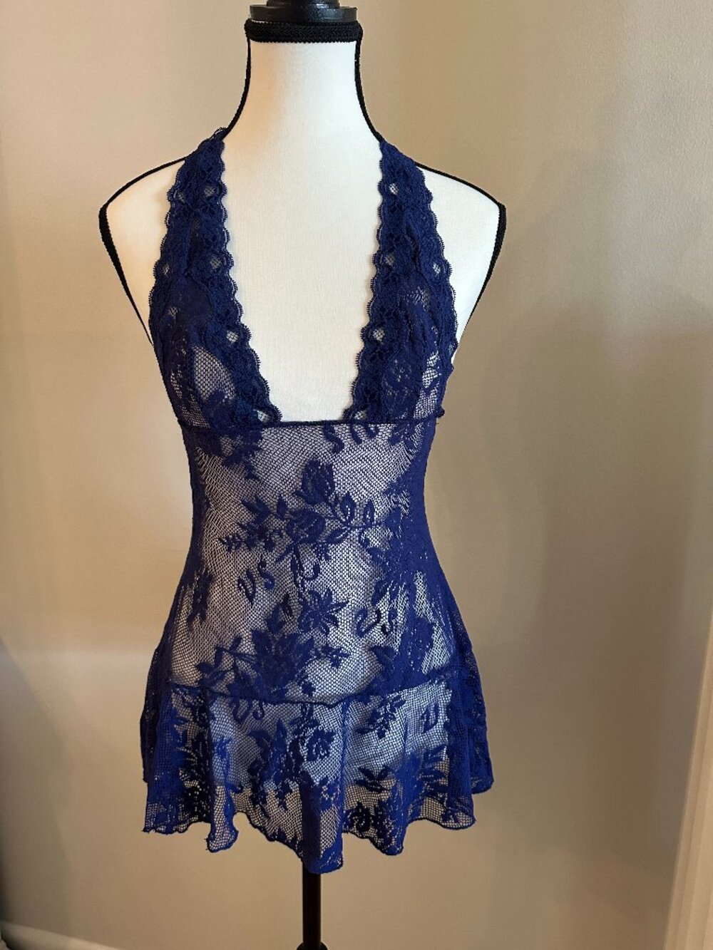 Victoria’s Secret Navy Blue Lace Halter Babydoll Lingerie Top S